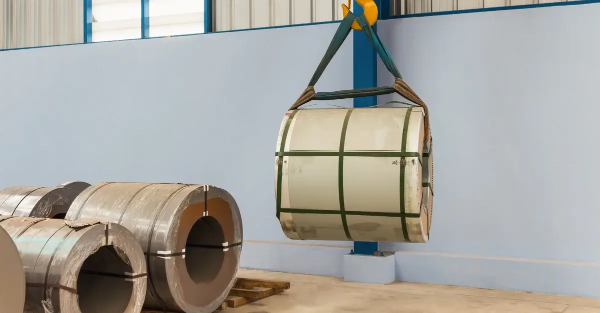 Coil of metal suspended by mechanical hoist.