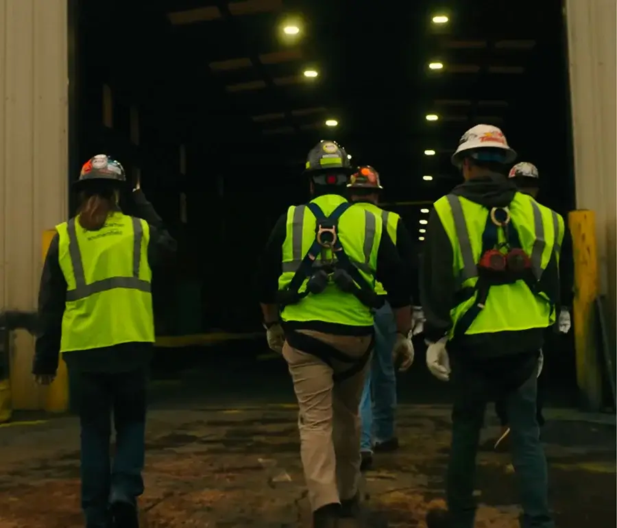 Workers entering factory in safety gear, bright vests.