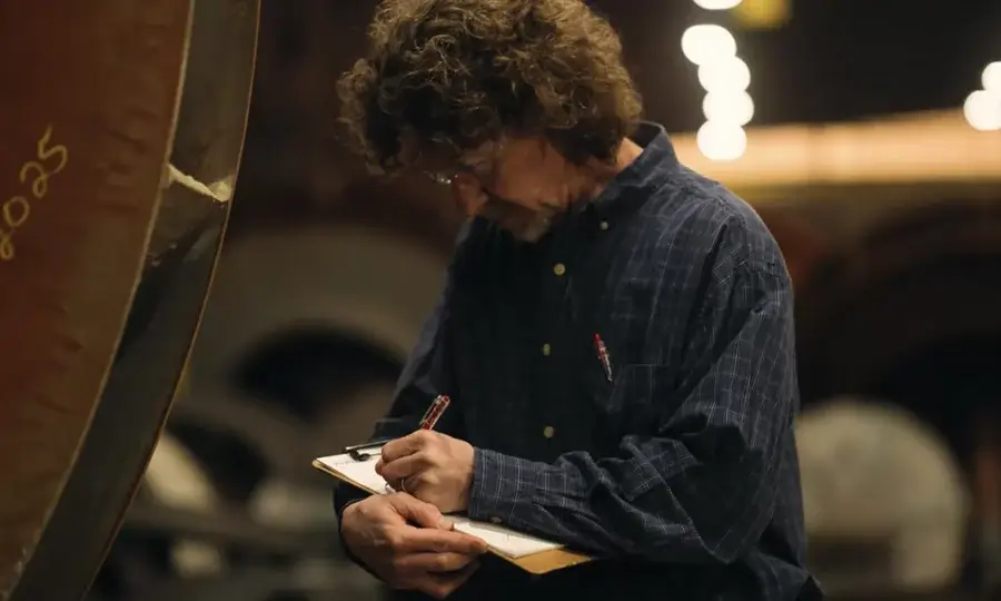 Worker notes measurements on clipboard in industrial setting.