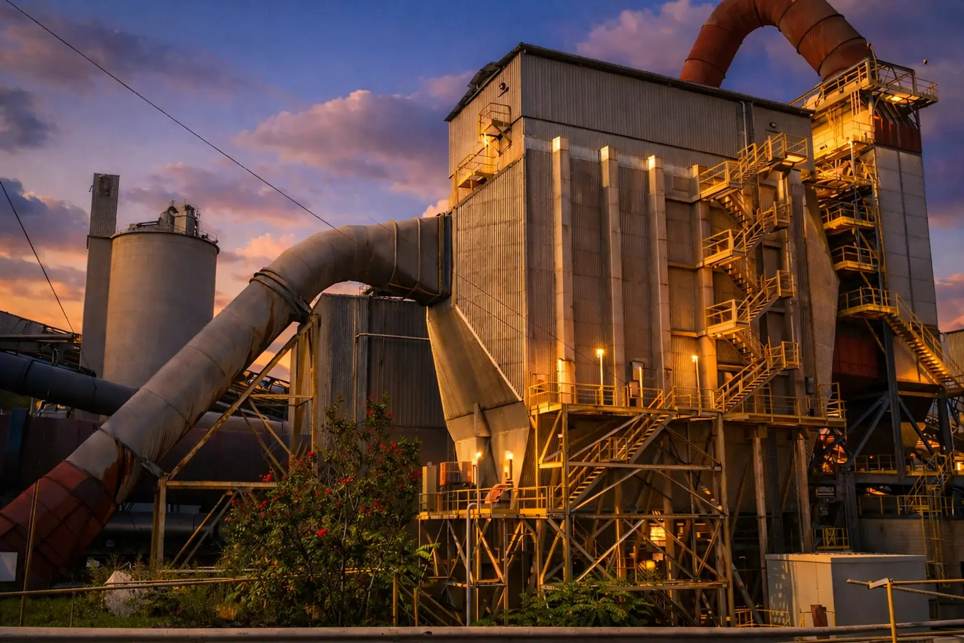 Industrial facility with large ducts and steel structures.