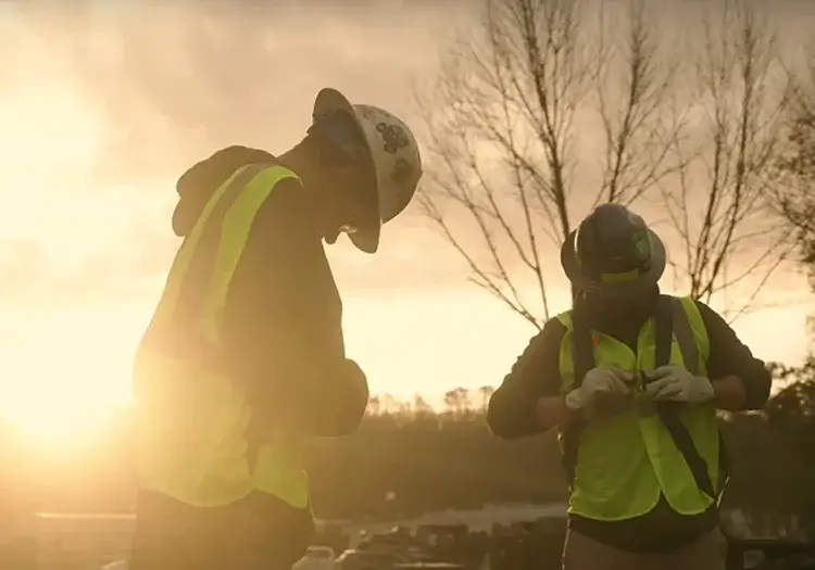 Workers in safety gear at sunrise, adjusting equipment.
