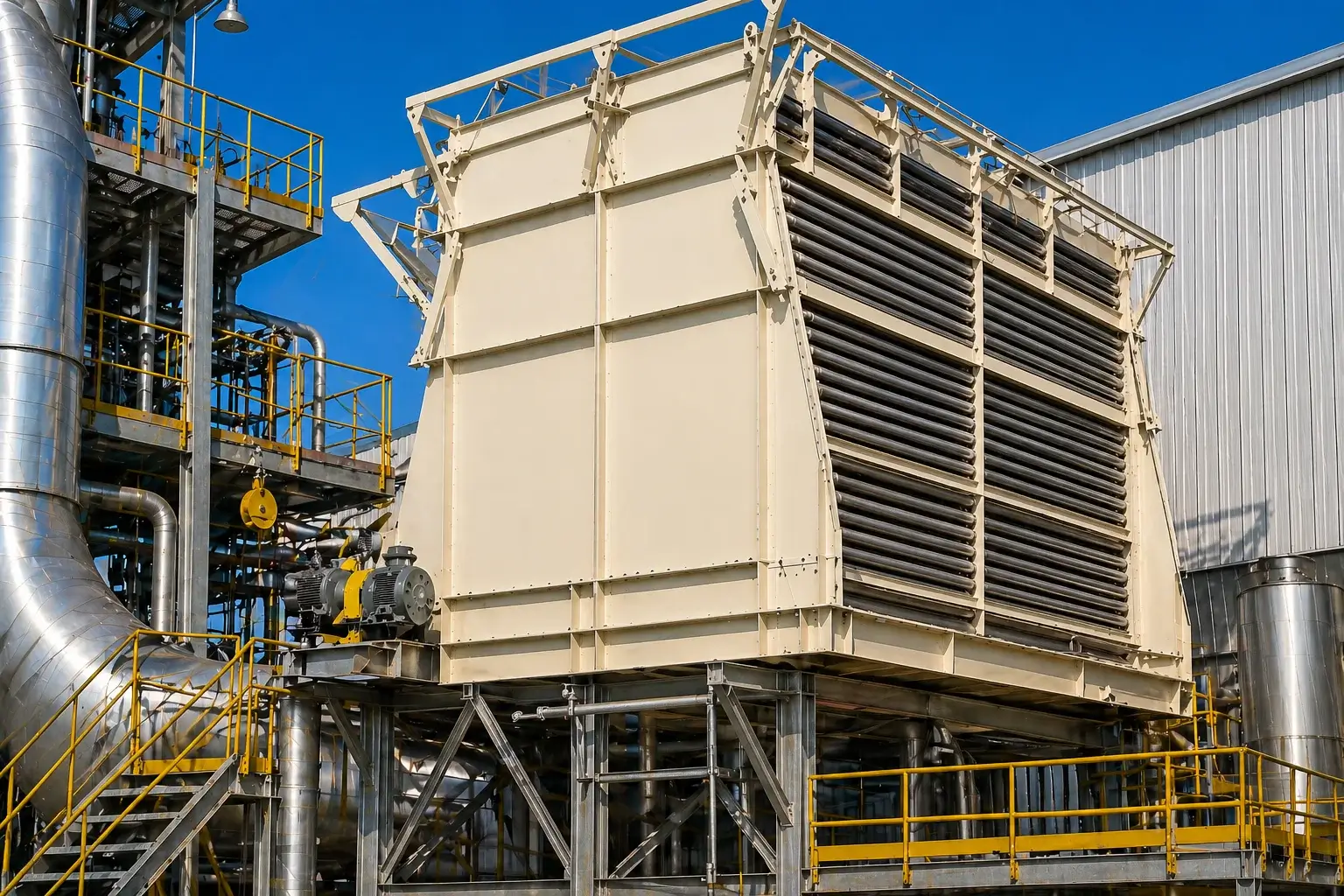 Industrial fan structure at large processing plant.