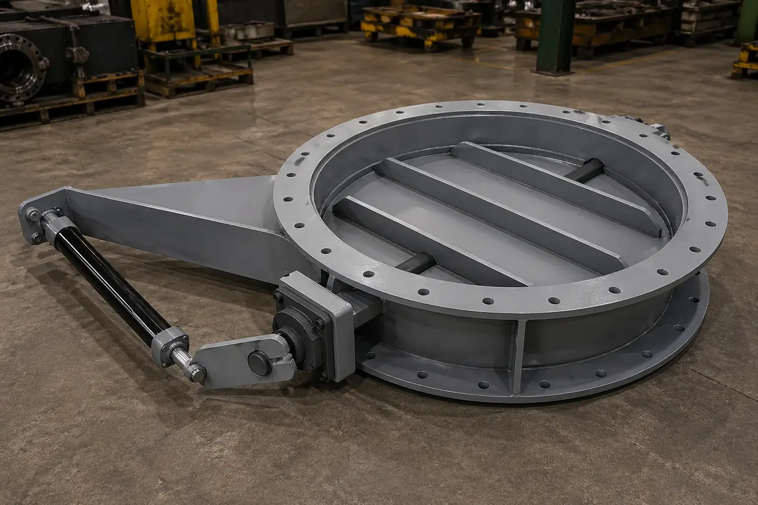 Large industrial damper displayed on warehouse floor.