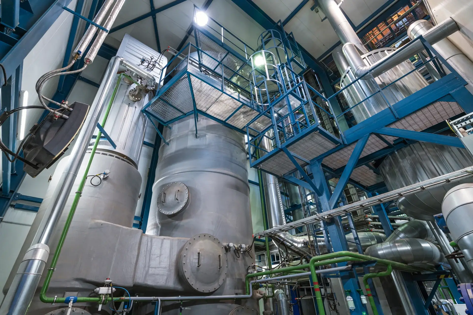 Industrial machinery with large ducts and metal structures.
