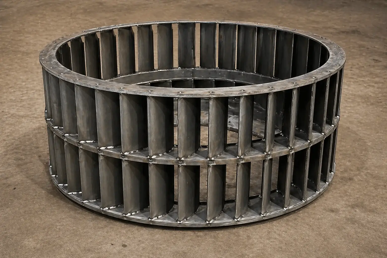 Large industrial fan rotor on concrete floor.