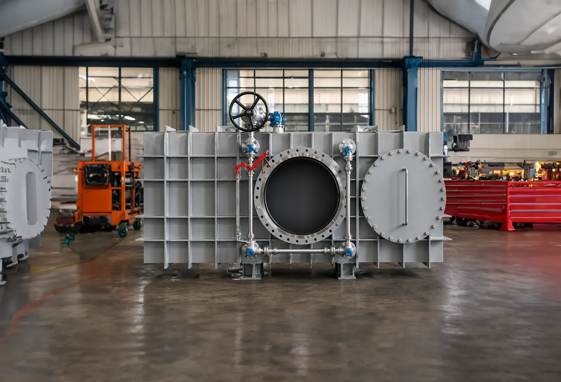 Large industrial fan duct in manufacturing facility.