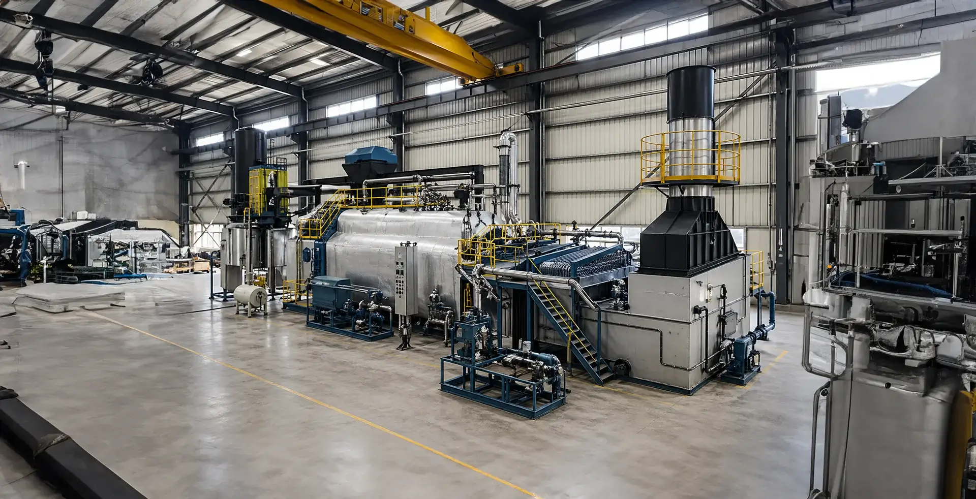 Large industrial equipment inside a spacious factory warehouse.