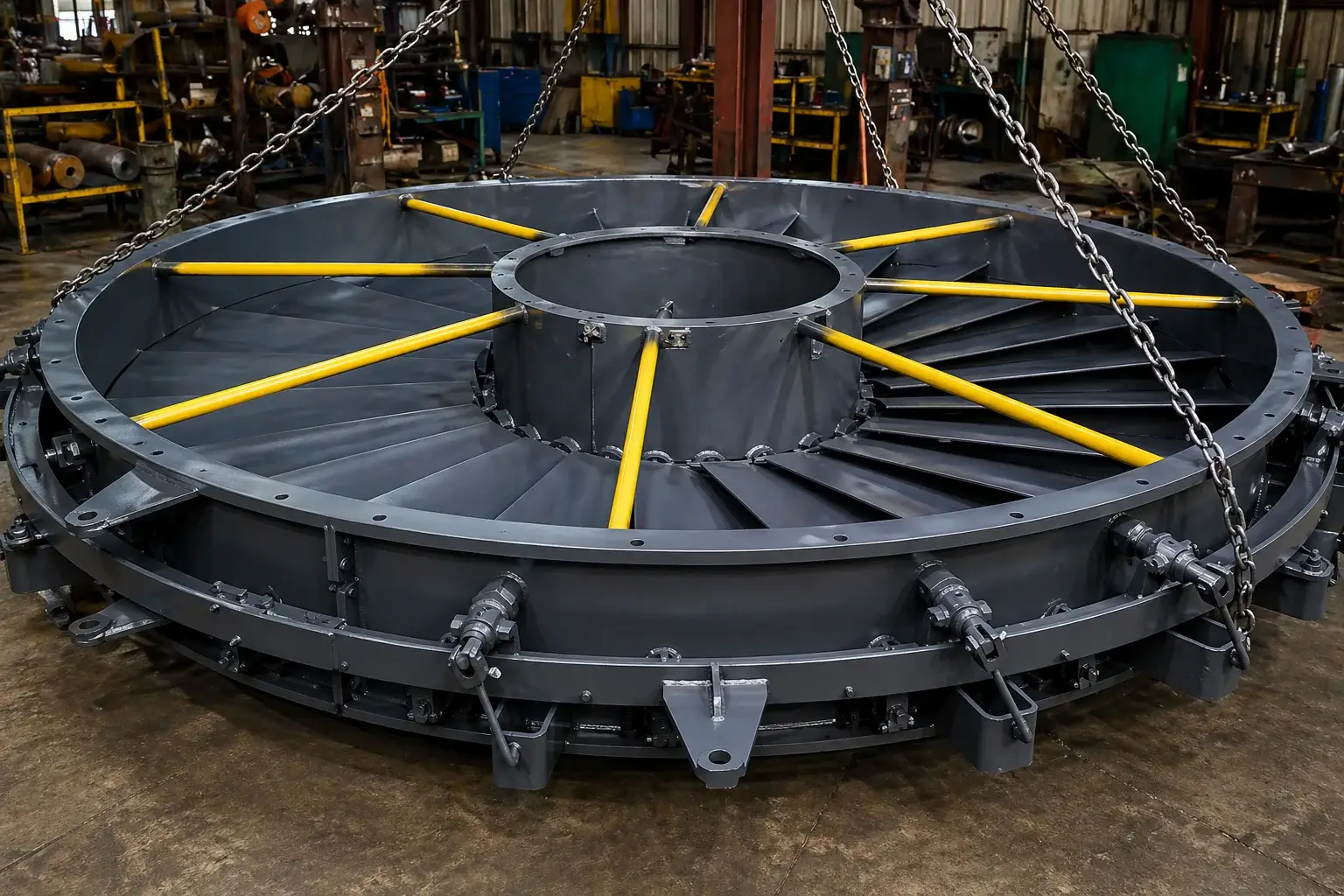 Large industrial fan being assembled in warehouse.