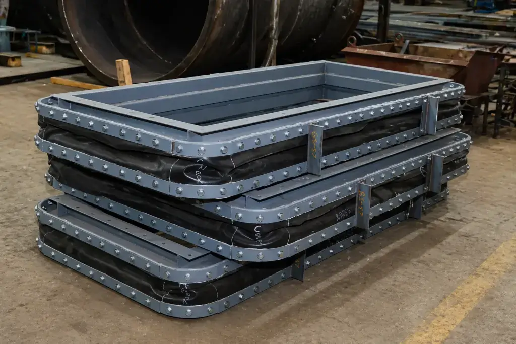 Stacked industrial duct expansion joints in warehouse.