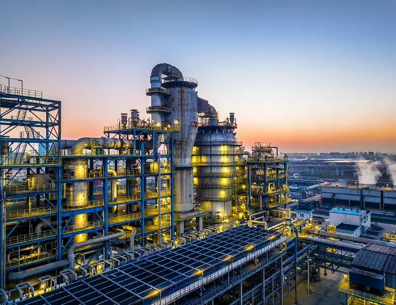 Industrial plant during sunrise with illuminated structures.