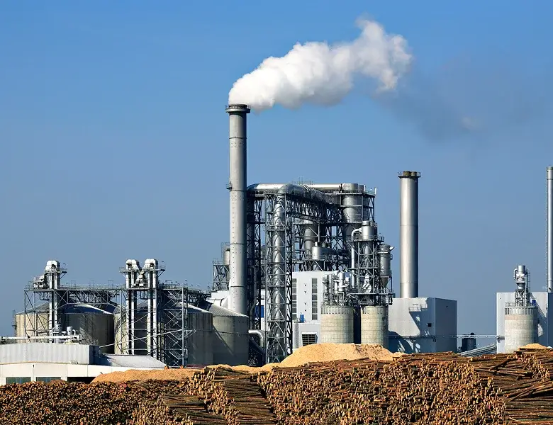Factory emitting smoke behind stacked lumber piles.