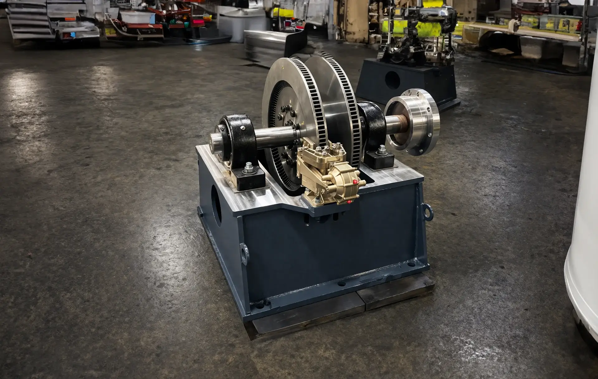 Industrial fan component displayed in warehouse setting.