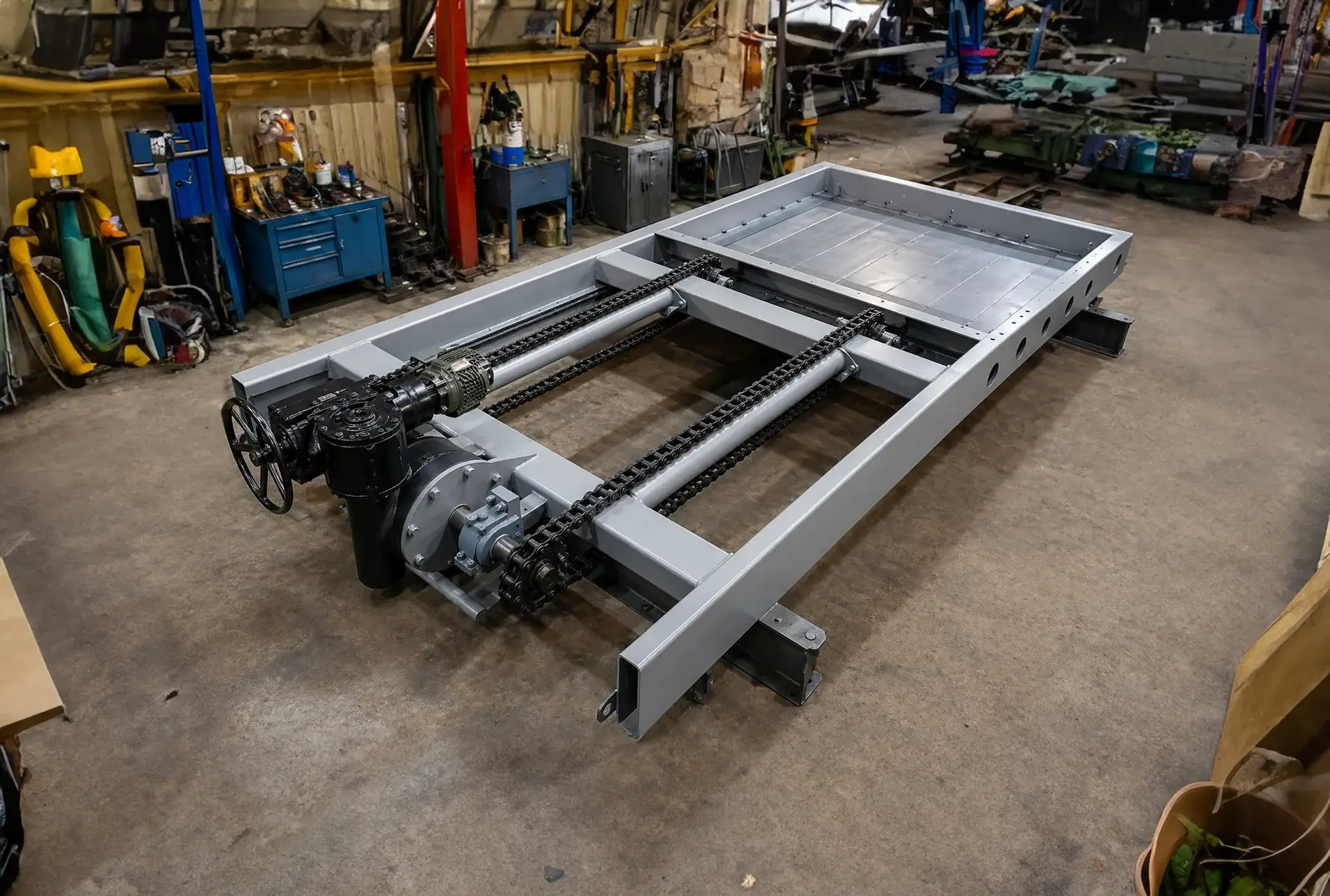 Industrial chain conveyor frame in workshop setting.