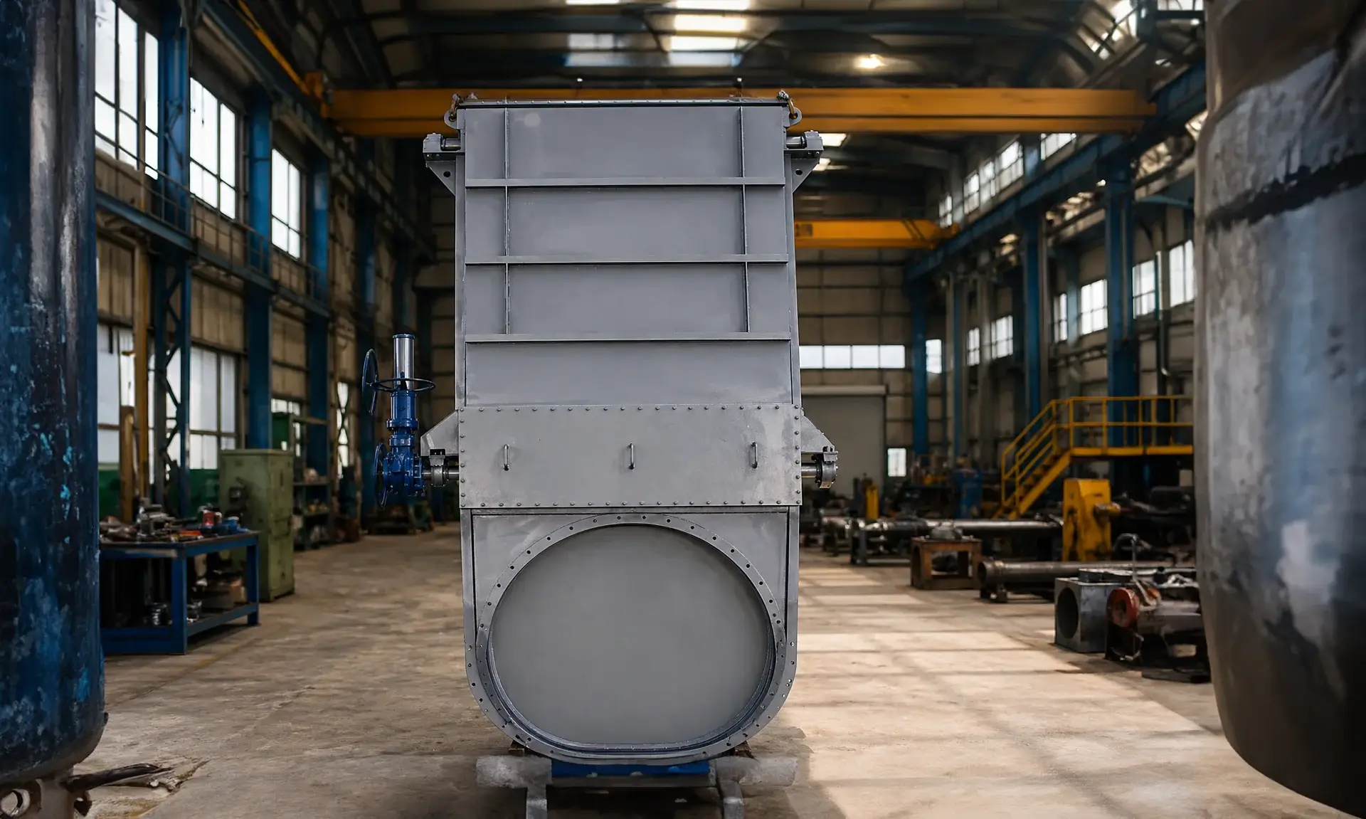 Large industrial equipment stands in spacious factory interior.