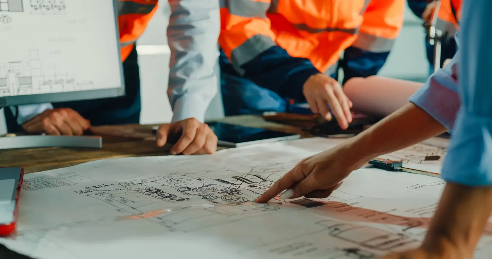Hands pointing at blueprints on a table.