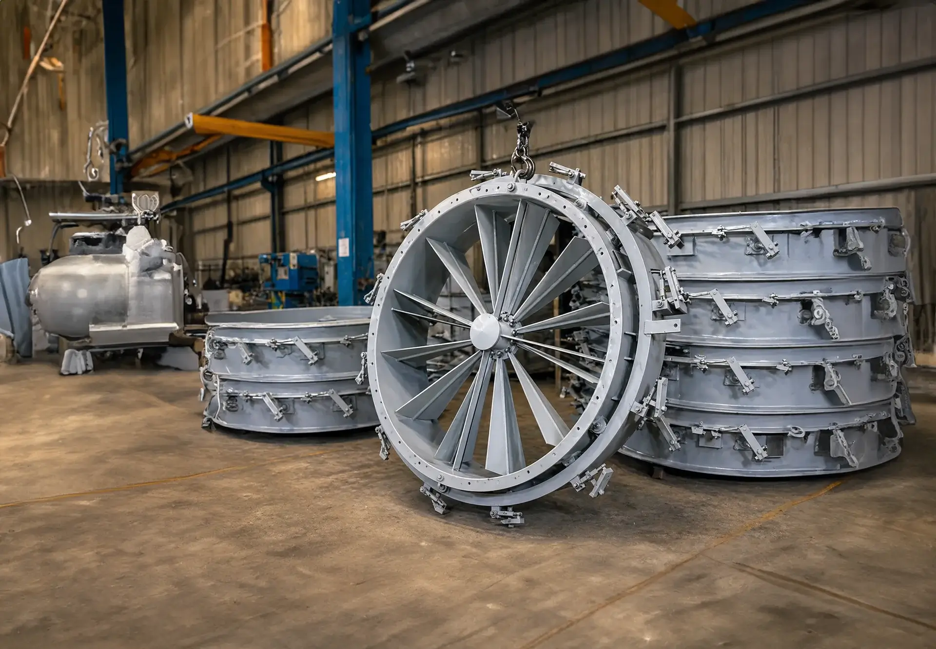 Large industrial fan assembly in factory setting.