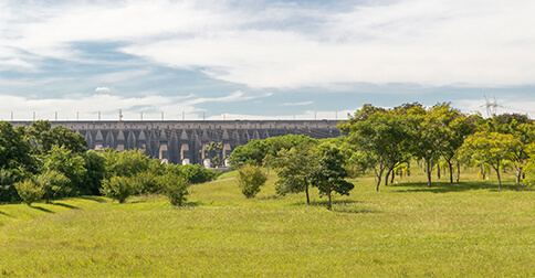 Green landscape with dam in the background, sunny sky.