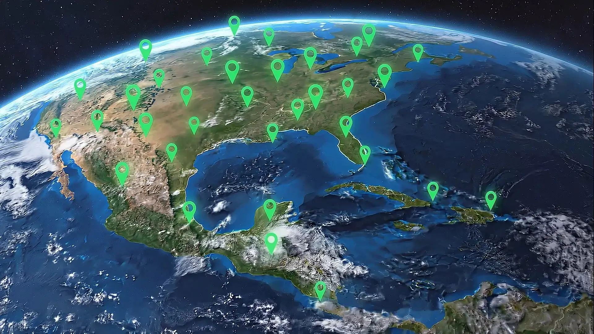 Map of North America with green location pins.