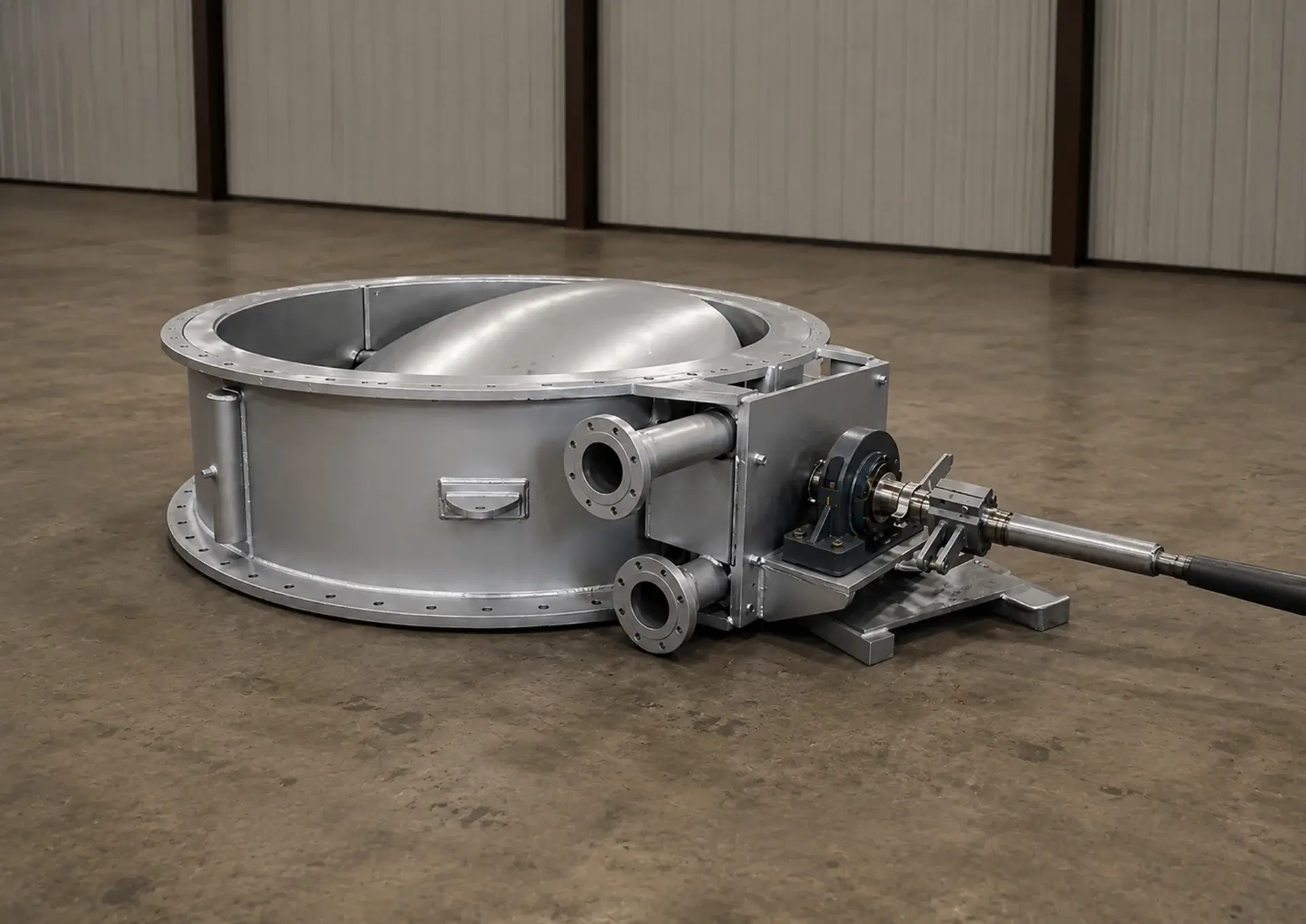 Large industrial fan component on concrete floor.