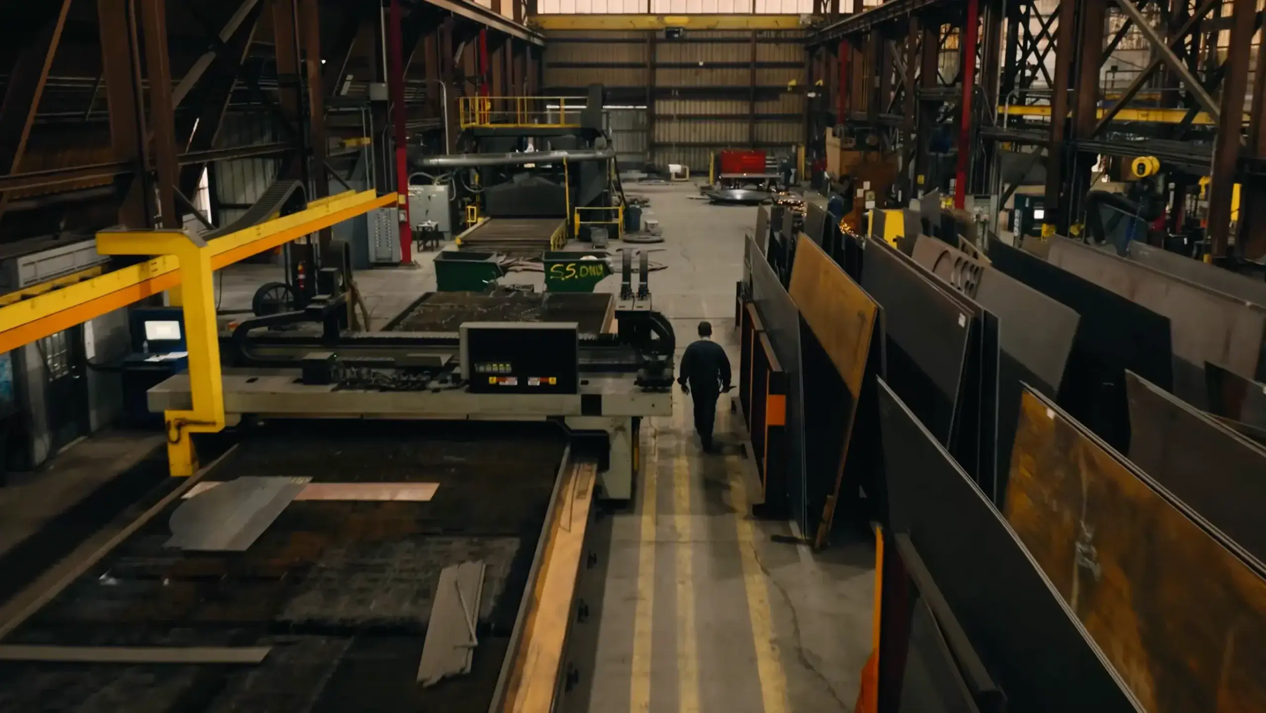 Worker walking in large industrial manufacturing facility.